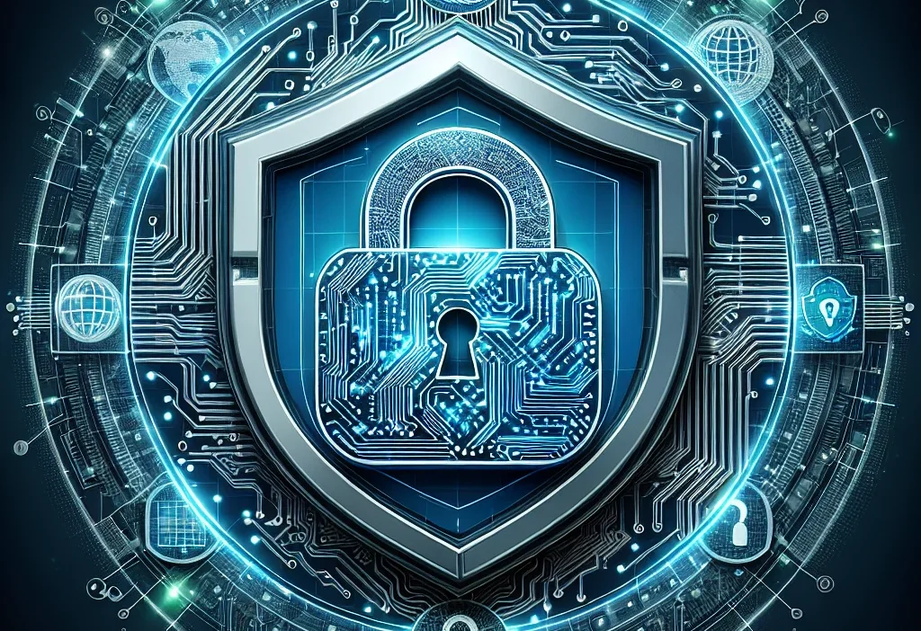 An illustration of a glowing padlock surrounded by digital elements representing online security, including circuit patterns and a fingerprint, conveying the concept of digital safety