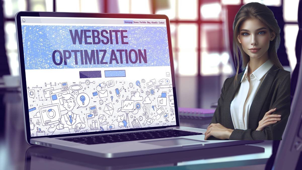 A woman in office attire with arms crossed stands beside a laptop displaying 'Website Optimize' text, symbolizing professional digital solutions.