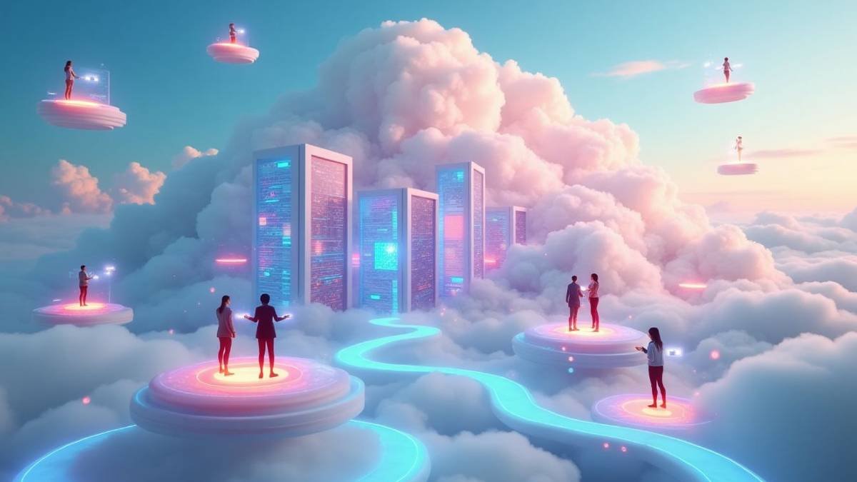 An artistic depiction of cloud computing featuring a large cloud shaped like a data center, surrounded by floating servers and computers connected by glowing cables, showcasing individuals interacting with holographic displays