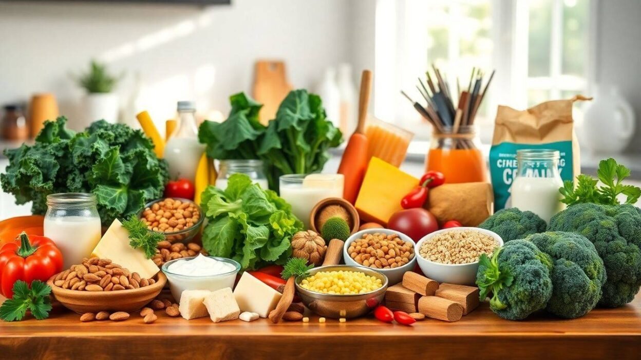 A vibrant display of 15 calcium-rich foods arranged on a wooden table in a bright kitchen. The spread includes leafy greens like kale and spinach, dairy products such as milk, cheese, and yogurt, nuts like almonds, legumes such as chickpeas, broccoli, and fortified cereals. Sunlight streams in, creating a warm atmosphere, alongside a handwritten sign that reads 'Calcium-Rich Foods for Healthy Bones