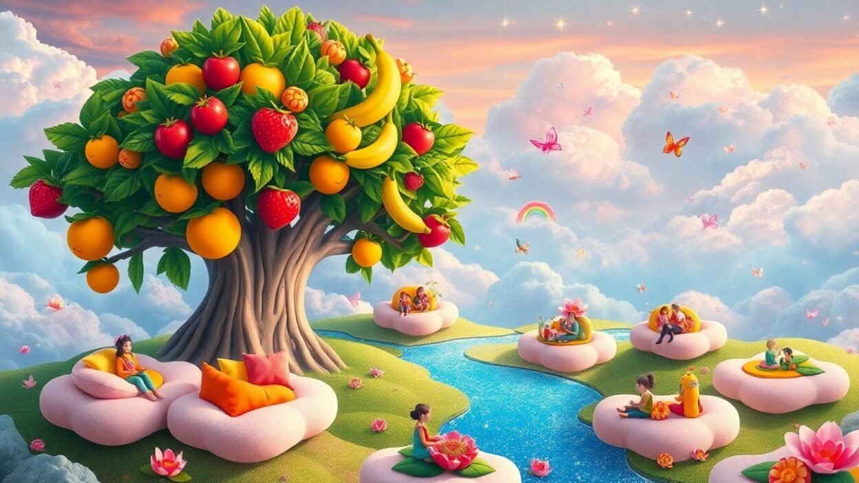 A vibrant and whimsical landscape featuring a giant fruit tree with oversized colorful fruits, floating islands with cozy seating areas, gentle streams of sparkling water, playful butterflies, and joyful characters engaging in creative activities