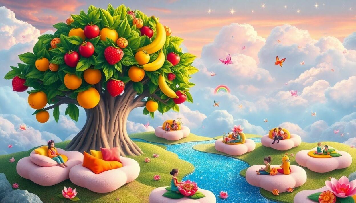 A vibrant and whimsical landscape featuring a giant fruit tree with oversized colorful fruits, floating islands with cozy seating areas, gentle streams of sparkling water, playful butterflies, and joyful characters engaging in creative activities