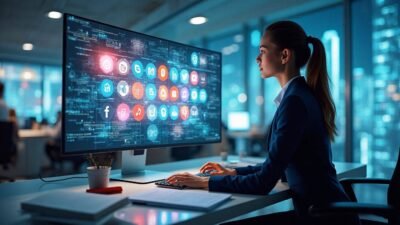 A stunningly beautiful woman in a formal corporate suit working on a large monitor beside a table filled with educational materials. The monitor displays social media icons and innovative educational apps against a futuristic cityscape backdrop