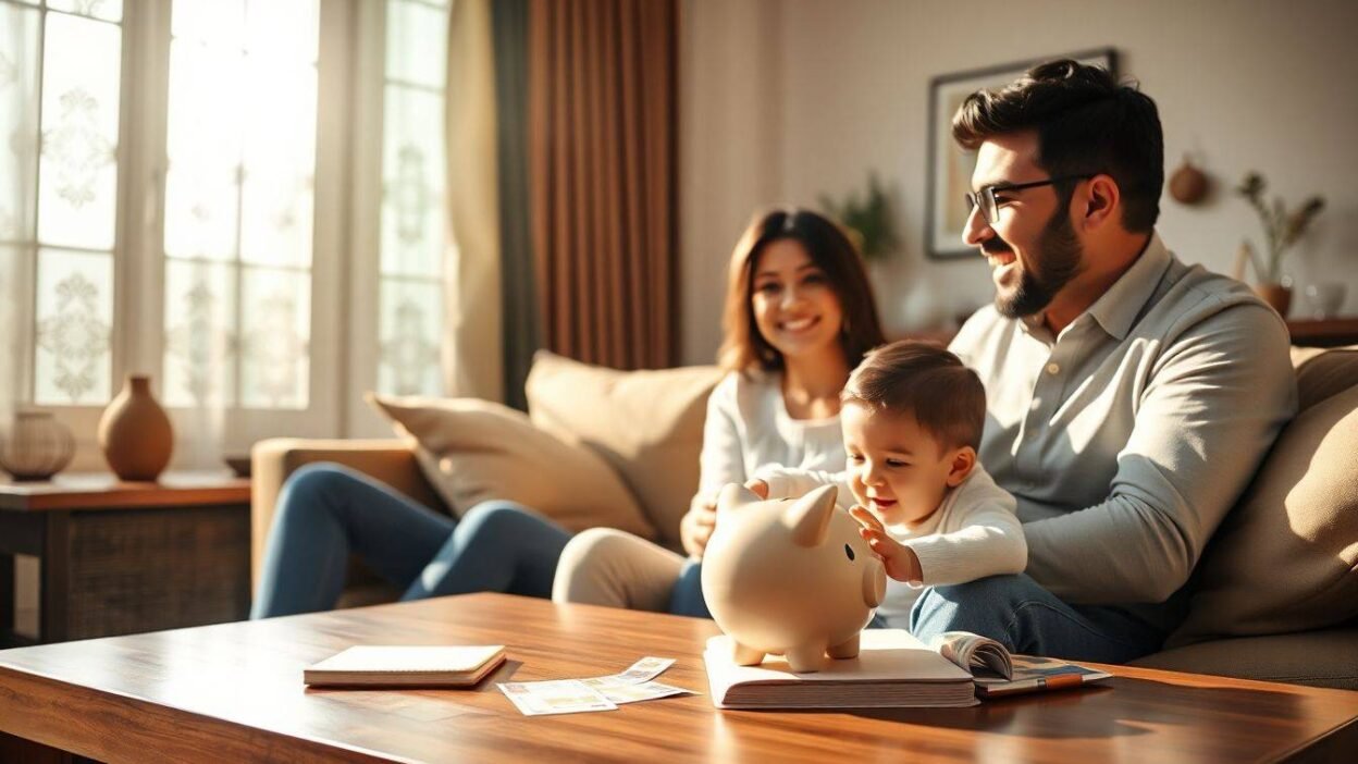 A hyper-realistic photograph of a joyful Indian couple in smart-casual attire engaged in relaxed conversation in a sunlit modern living room, while their young child plays with an artfully designed piggy bank on a coffee table surrounded by scattered rupee notes and a financial planning journal. Traditional Indian patterned windows and modern decor elements are visible in the background.