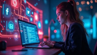 A modern creative workspace featuring a sleek laptop with a vibrant digital interface that includes glowing email symbols, social media icons, and neon light trails, with a stylish young woman engaged in crafting memorable digital content.