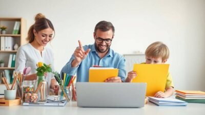 A family organizes a bright, minimalist workspace together: a woman arranges stationery in glass jars, a man sorts paperwork with color-coded folders, and a child wipes the desk—all demonstrating easy, everyday habits that make a big difference.