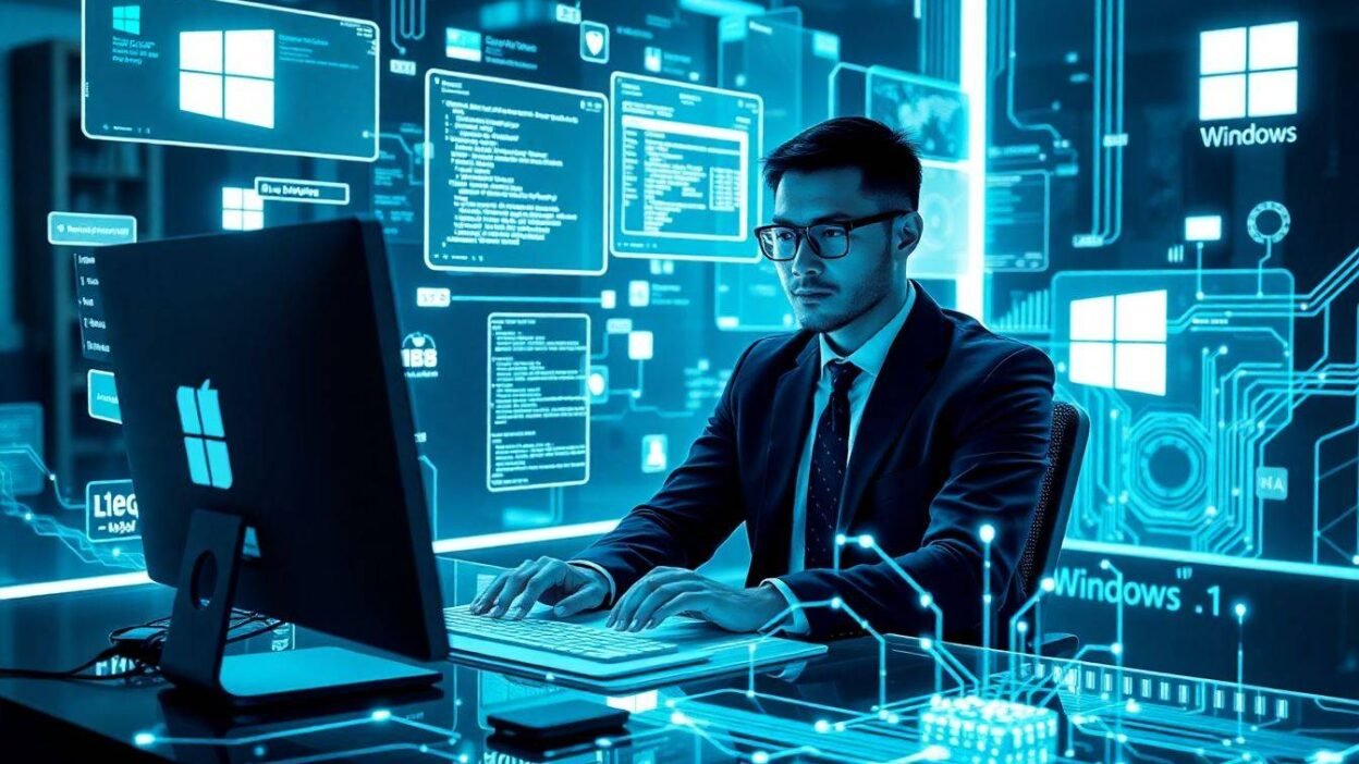 An IT administrator at a Windows desktop uses PowerShell to extract hardware hash information; file explorer window and PowerShell script are open, highlighting manual script handling due to network restrictions.