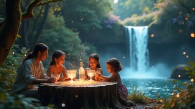 Whimsical family picnic by a shimmering waterfall symbolizing the rejuvenating benefits of staying hydrated
