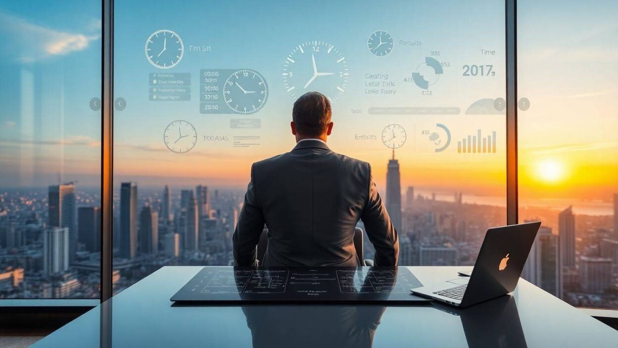 A billionaire at a sleek desk in a modern office, surrounded by time management tools and visual metaphors like flowing rivers and charts