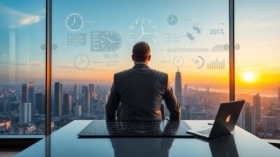 A billionaire at a sleek desk in a modern office, surrounded by time management tools and visual metaphors like flowing rivers and charts