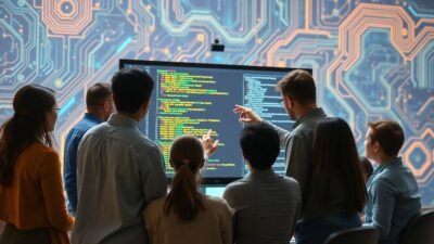 A diverse group of beginners collaborating around a large monitor displaying Python programming code in a modern tech environment