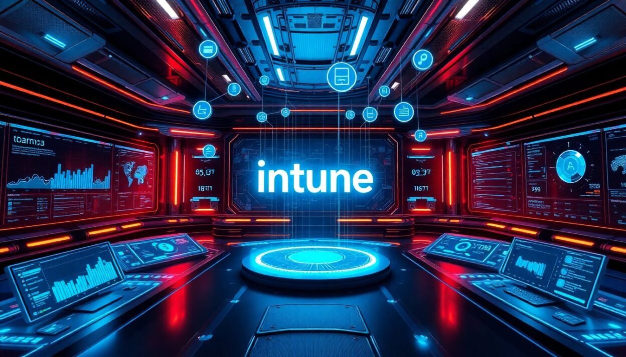 Futuristic control room with holographic blue dashboards and glowing device icons connected by neon lines