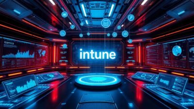 Futuristic control room with holographic blue dashboards and glowing device icons connected by neon lines