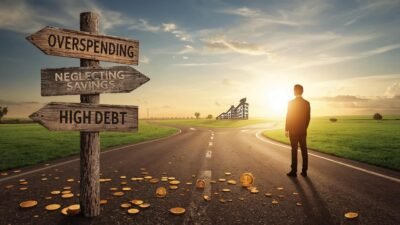 Illustration of a person standing at a crossroads with signposts showing money mistakes like overspending, neglecting savings, and high debt, with a bright financial path ahead.