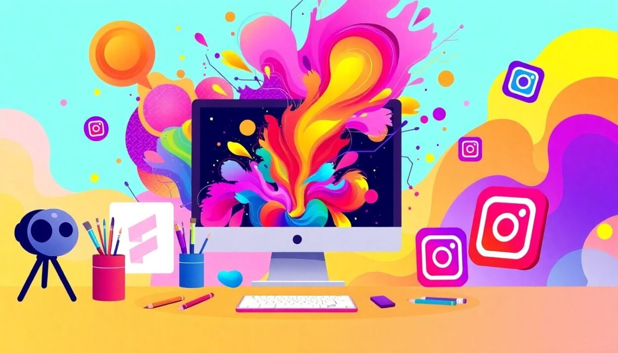 Illustration of AI art creation using digital tools with colorful abstract designs and Instagram-style social media icons.