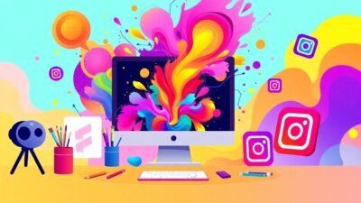 Illustration of AI art creation using digital tools with colorful abstract designs and Instagram-style social media icons.