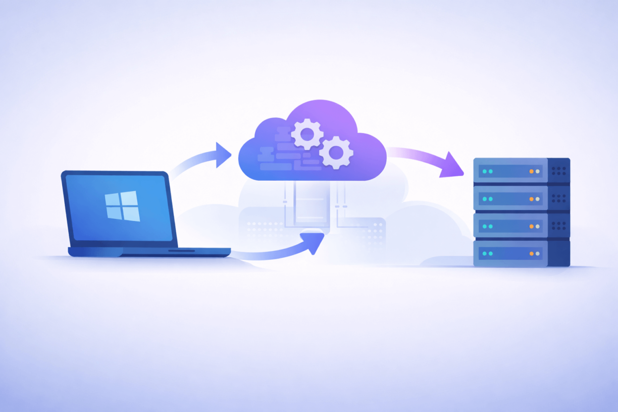 Windows Autopilot Hybrid Join architecture illustrating Intune-managed device provisioning with Entra ID and on-prem Active Directory integration