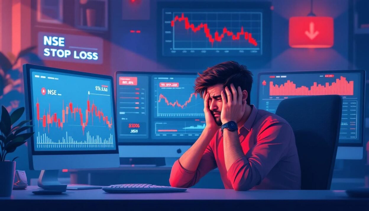 Frustrated Indian trader at desk with multiple screens showing red downward stock charts and stop-loss alerts depicting common beginner trading mistakes