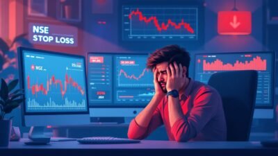 Frustrated Indian trader at desk with multiple screens showing red downward stock charts and stop-loss alerts depicting common beginner trading mistakes