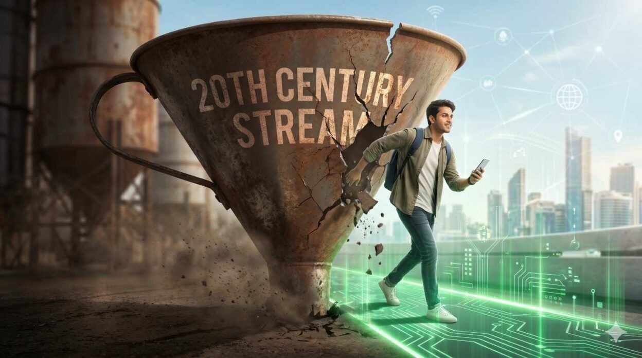 A high-contrast cinematic photograph showing a large, rusty metal funnel labeled '20TH CENTURY STREAM' which is cracking apart. A casually dressed GenZ student with a backpack is determinationally stepping out of the break in the funnel. The student is stepping onto a glowing green digital path of light, moving away from the old industrial structure toward a modern, optimistic global cityscape.