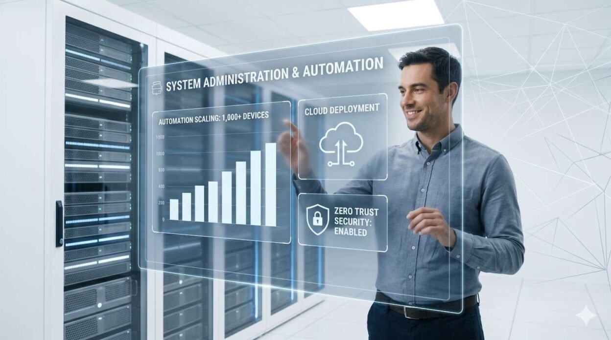 A professional IT engineer interacting with a transparent holographic dashboard in a clean, modern white server room. The screen shows data for automation scaling, cloud deployment, and zero-trust security.
