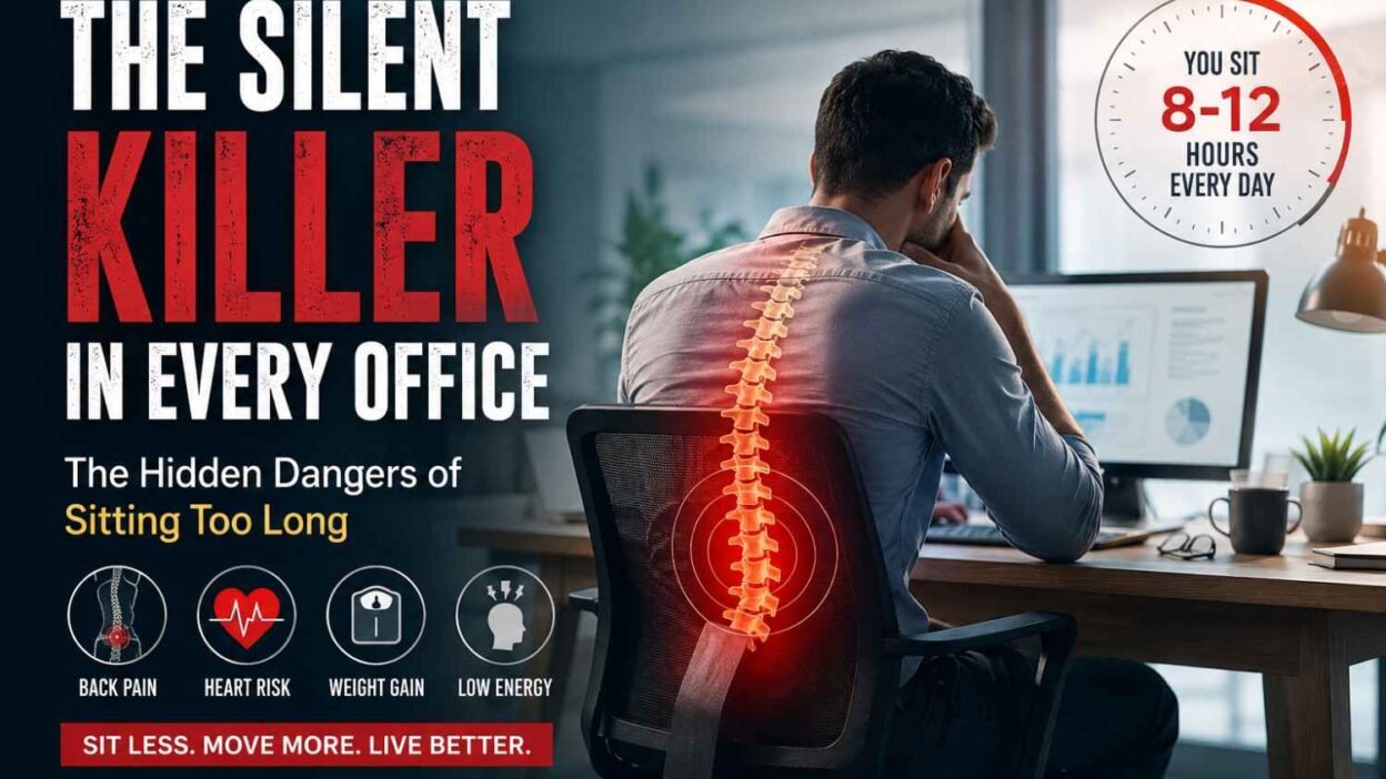 Office worker sitting at a computer with highlighted back pain, illustrating the health risks of prolonged sitting and a sedentary office lifestyle.
