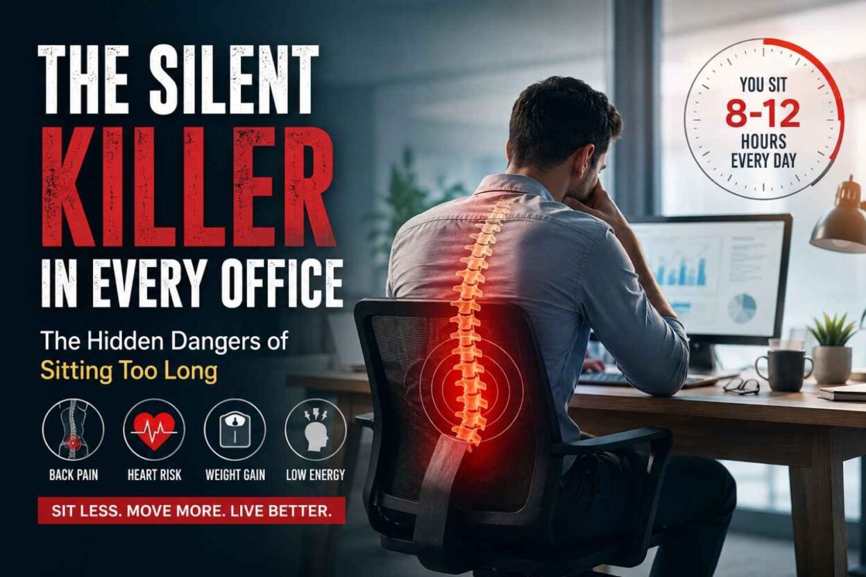 Office worker sitting at a computer with highlighted back pain, illustrating the health risks of prolonged sitting and a sedentary office lifestyle.