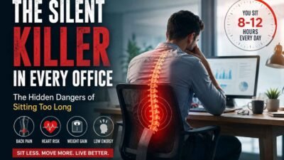 Office worker sitting at a computer with highlighted back pain, illustrating the health risks of prolonged sitting and a sedentary office lifestyle.