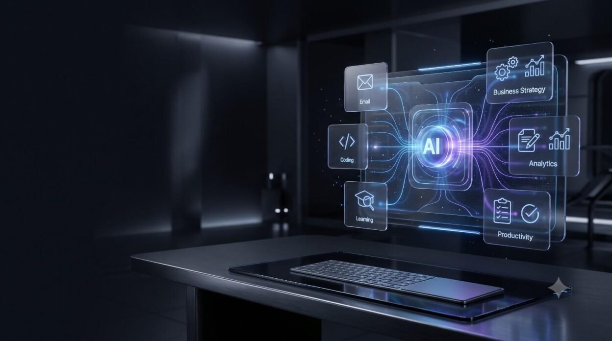 Futuristic AI workspace with holographic prompt frameworks, glassmorphism interface, and productivity modules representing modern AI prompting