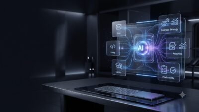 Futuristic AI workspace with holographic prompt frameworks, glassmorphism interface, and productivity modules representing modern AI prompting