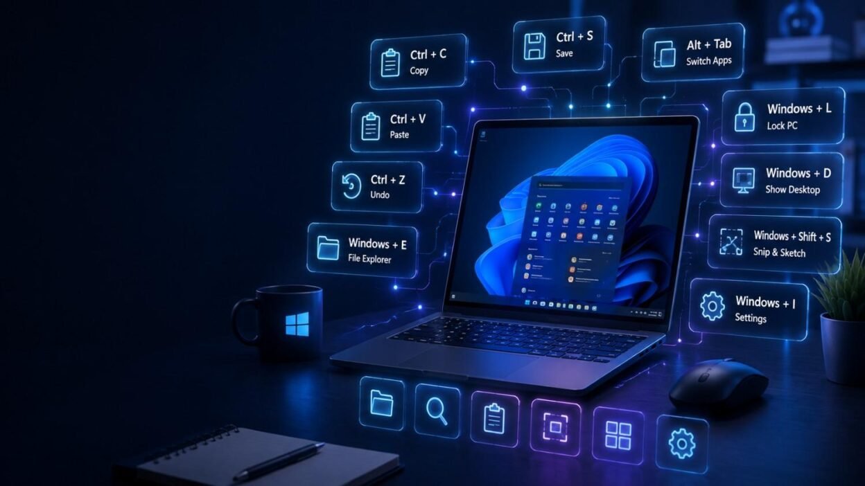 Modern Windows 11 laptop displaying essential keyboard shortcuts for productivity, including Ctrl+C, Ctrl+V, Alt+Tab, Windows+E, and Windows+Shift+S.