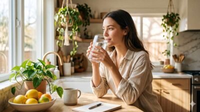 Woman drinking a glass of water in a sunlit kitchen during her morning hydration routine
